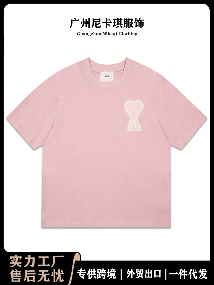 Ami半袖2025年春夏新作刺繍大愛ゆったり丸襟半袖男女同柄tシャツ上着