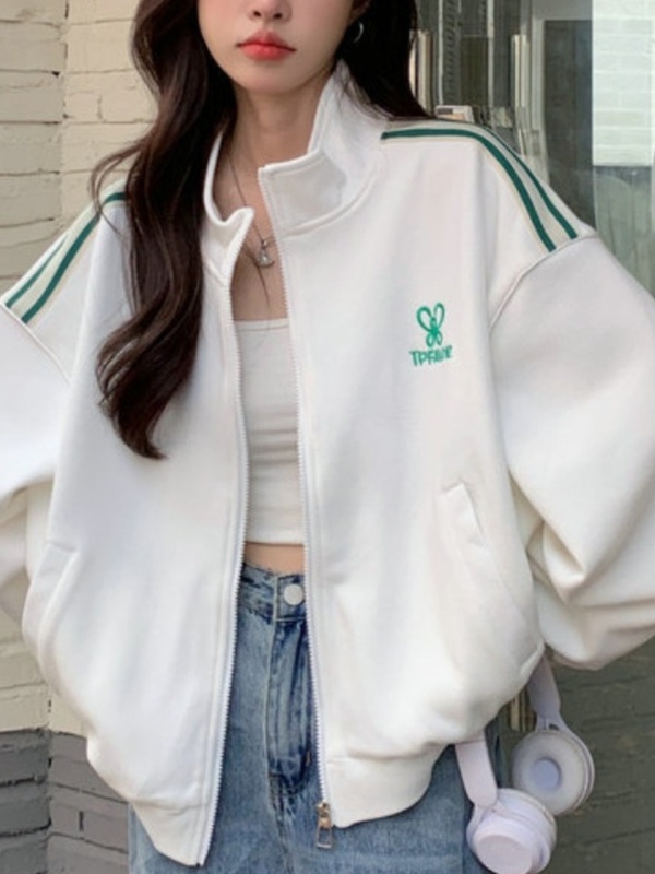 美式棒球服女春秋季百搭宽松bf风运动休闲白色立领短款夹克外套潮|undefined