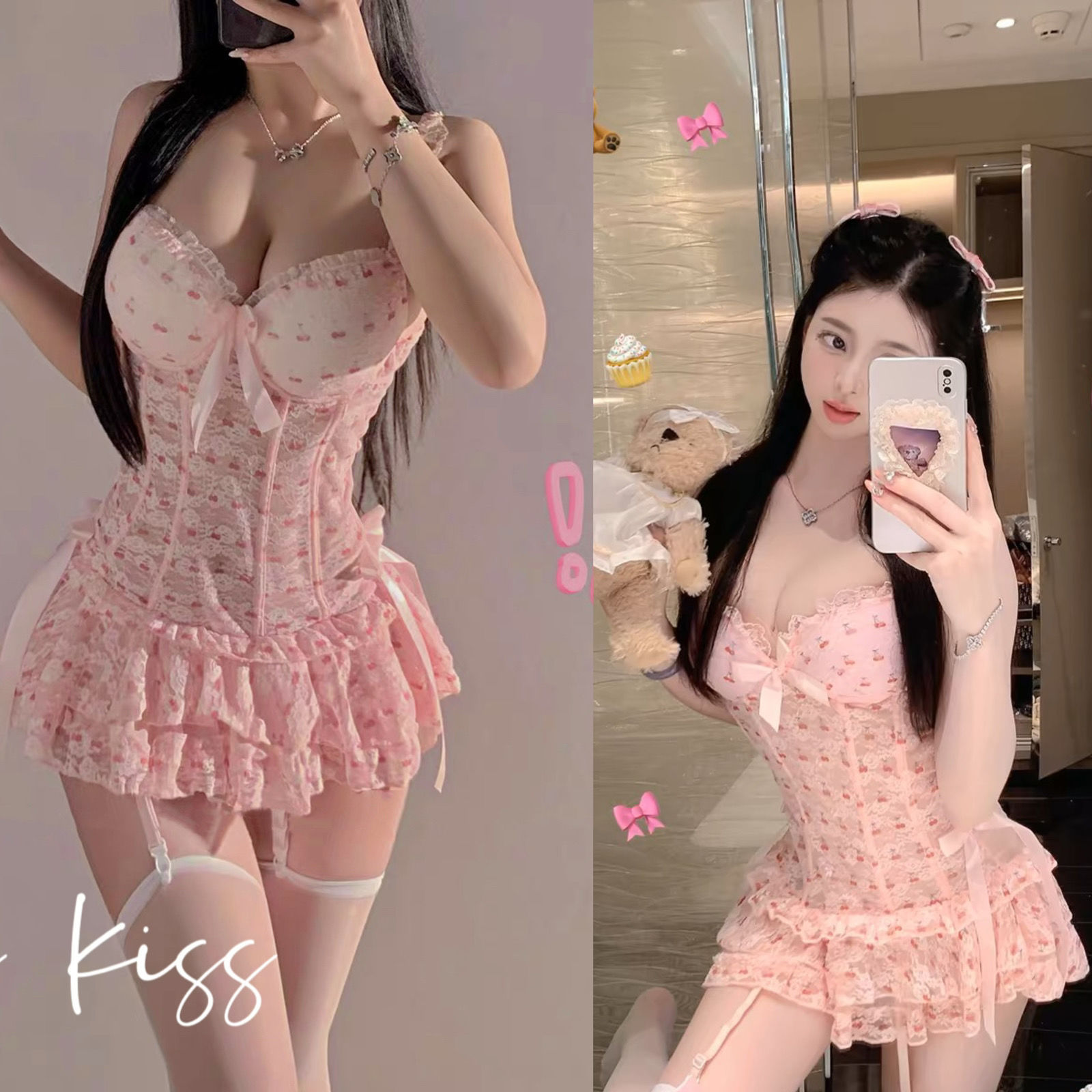 핑크 [보정속옷+속옷+가터단추+플랫화이트실크]