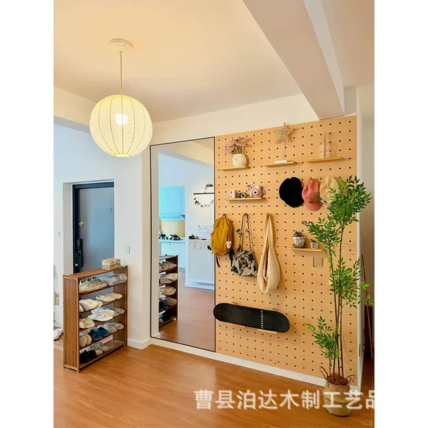 Solid wood perforated board entryway storage rack, bookshelf, hanging board, partition board, wall display decorative board, storage rack manufacturer