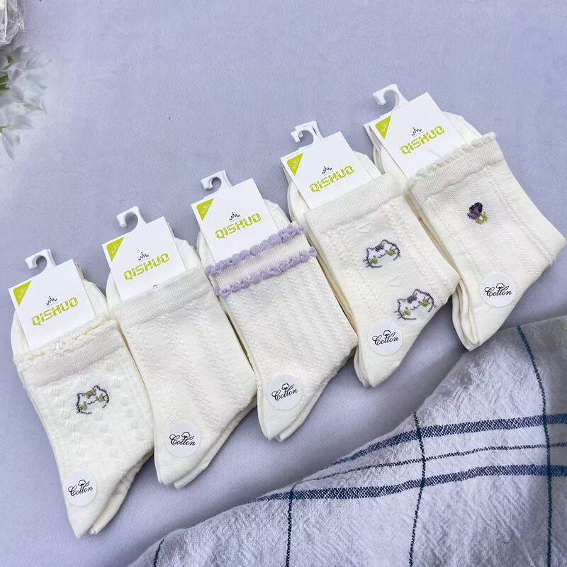 Lolita Japanese and Korean Style White Set of Fresh and Simple Combed Cotton Mid-Waist Fishnet Socks, All-Season Women's White Cotton Socks