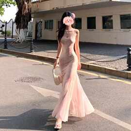 纯欲风性感辣妹渲染碎花吊带连衣裙女夏季网纱开衫花边包臀鱼尾裙