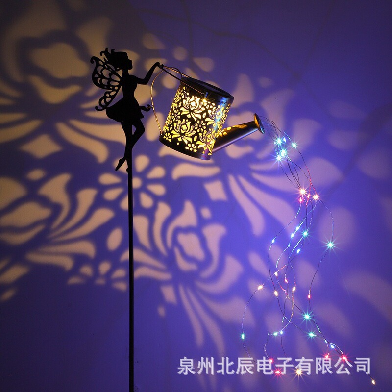 Solar Lantern with Iron Art Hollow Pattern Peony Kettle Projection Lamp for Outdoor Garden Courtyard Porch Decoration