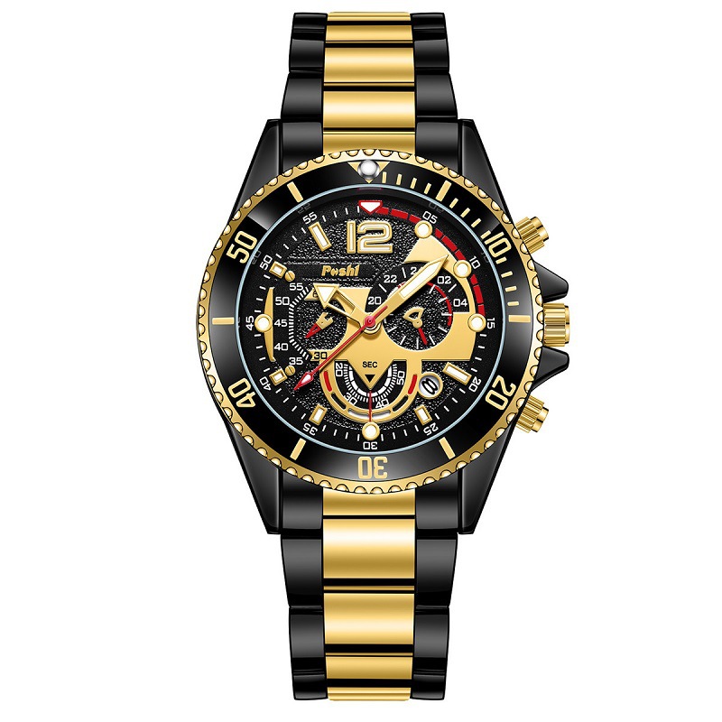 POSHI transfronteriza caliente de los hombres de moda de acero inoxidable de negocios reloj luminoso puntero con calendario de cuarzo reloj de los hombres