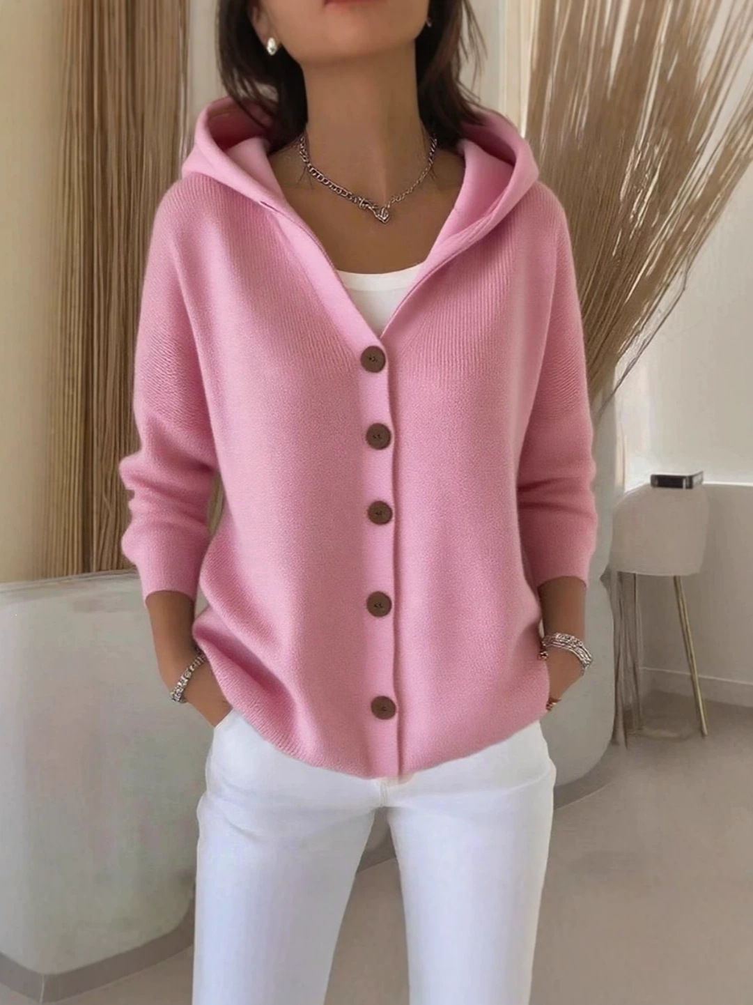 2025 Europa y los Estados Unidos botones de punto con capuchón suéter cardigan nuevo otoño y invierno transfronterizo de color sólido casual moda de mujer