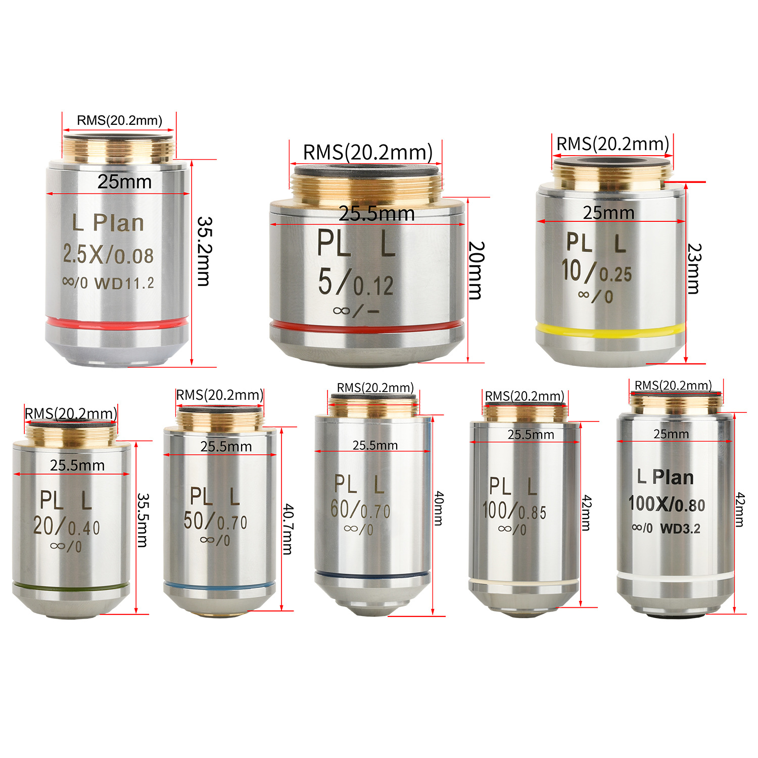 批发无限远长工作距离平场消色差金相显微镜物镜5X/10X/20X50X60X