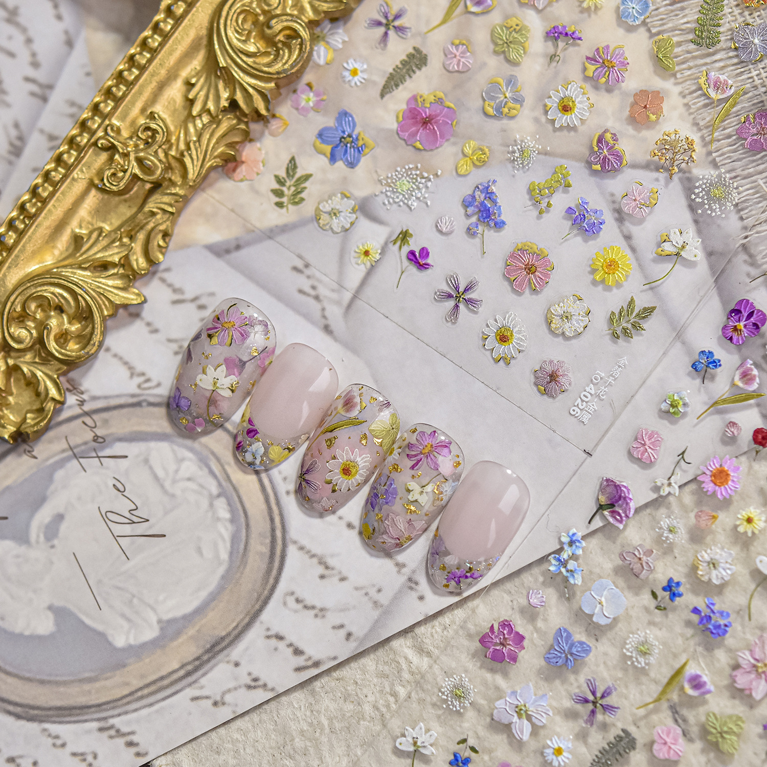 Manicura nueva celebridad de Internet lámina de oro joyería de flores secas pegatinas de uñas estilo japonés caliente pegatinas de uñas estilo antiguo joyería de uñas de hadas