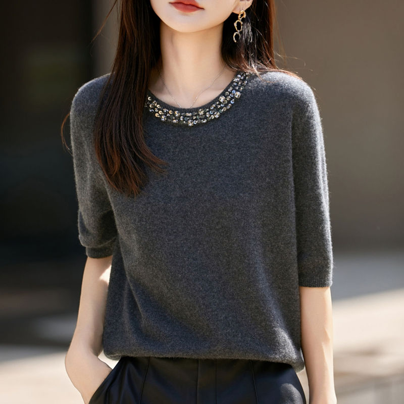 Heavy Beaded and Diamond-Encrusted Pure Wool Half-Sleeved Knitwear for Women 2025 New French High-Bottom Half-Sleeved Knitwear