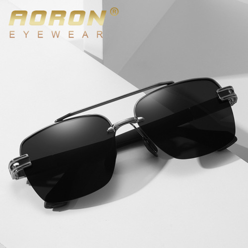 New rimless men's polarized sunglasses, fashionable large frame two-color metal square sunglasses A671