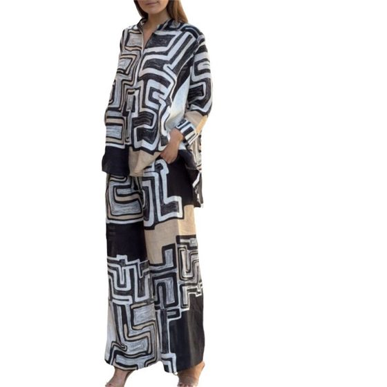 European and American foreign trade women's 2024 new fashion cotton and linen multi-color printing long sleeve casual straight pants two-piece set