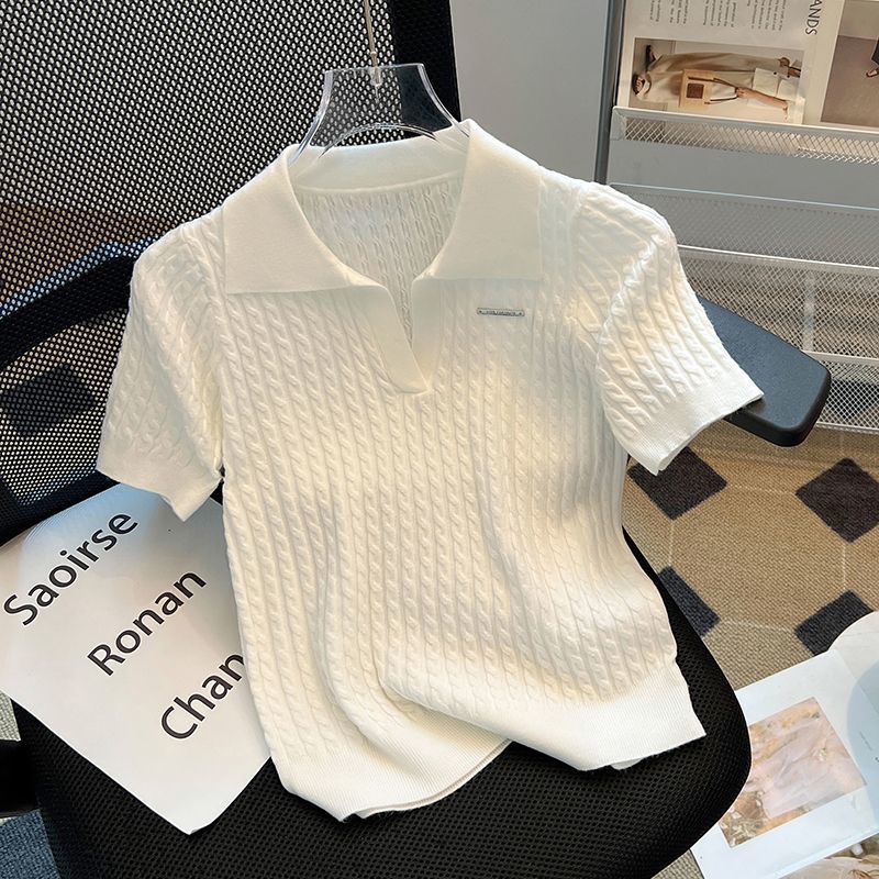 Polo Collar Ice Silk Knit Top For Women, Thin Loose Fit, Slimming, Plus Size, Short Sleeve T-Shirt_ecoleips.com