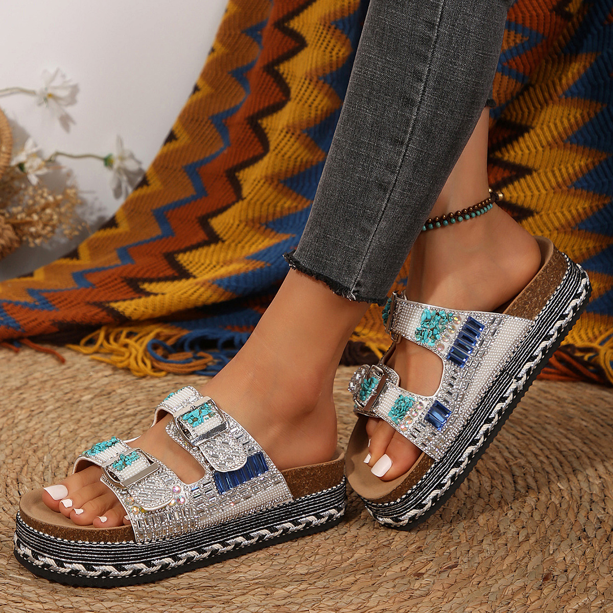 Women's Plus Size Rhinestone Cork Slippers With Double Buckle_voghion.com