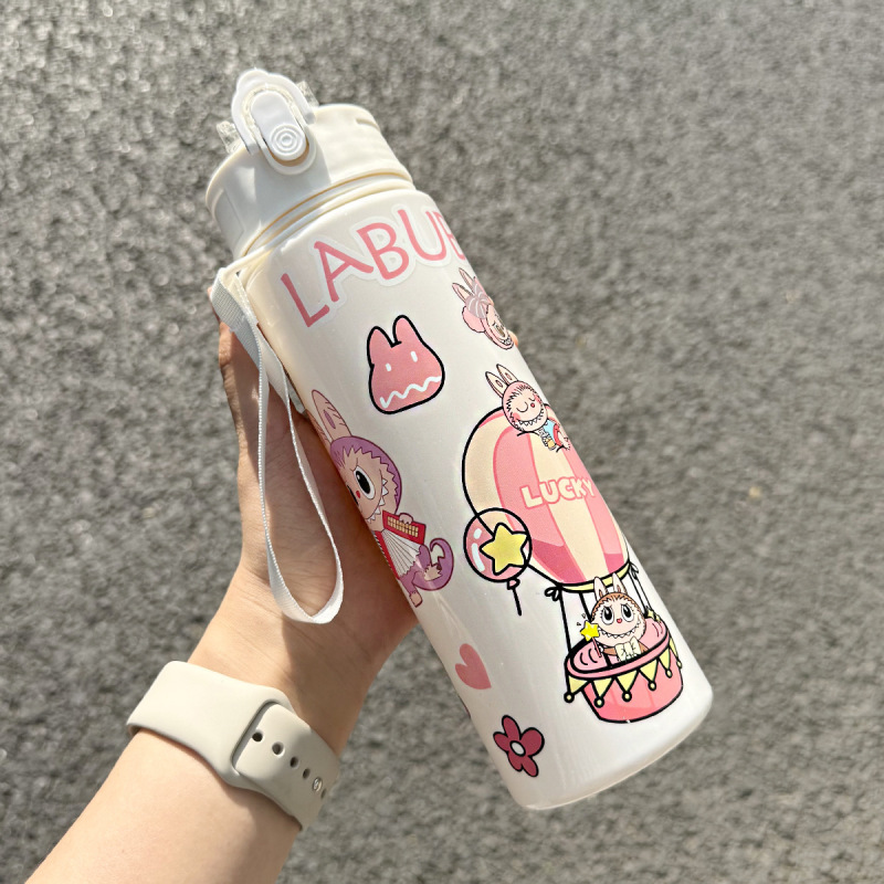 外国貿易人気のラブブかわいい子供用ストローウォーターカップ、持ち運び可能なロープ付きの見栄えの良い学生用ラブブ漫画ウォーターカップ|undefined