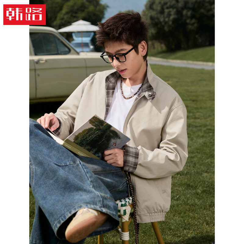 Reversible Retro Plaid Harrington Work Jacket, Autumn Style, Trendy Brand Casual Stand-Up Collar Loose Sports Jacket Q Reversible Retro Plaid Harrington Work Jacket, Autumn Style, Trendy Brand Casual Stand-Up Collar Loose Sports Jacket Q