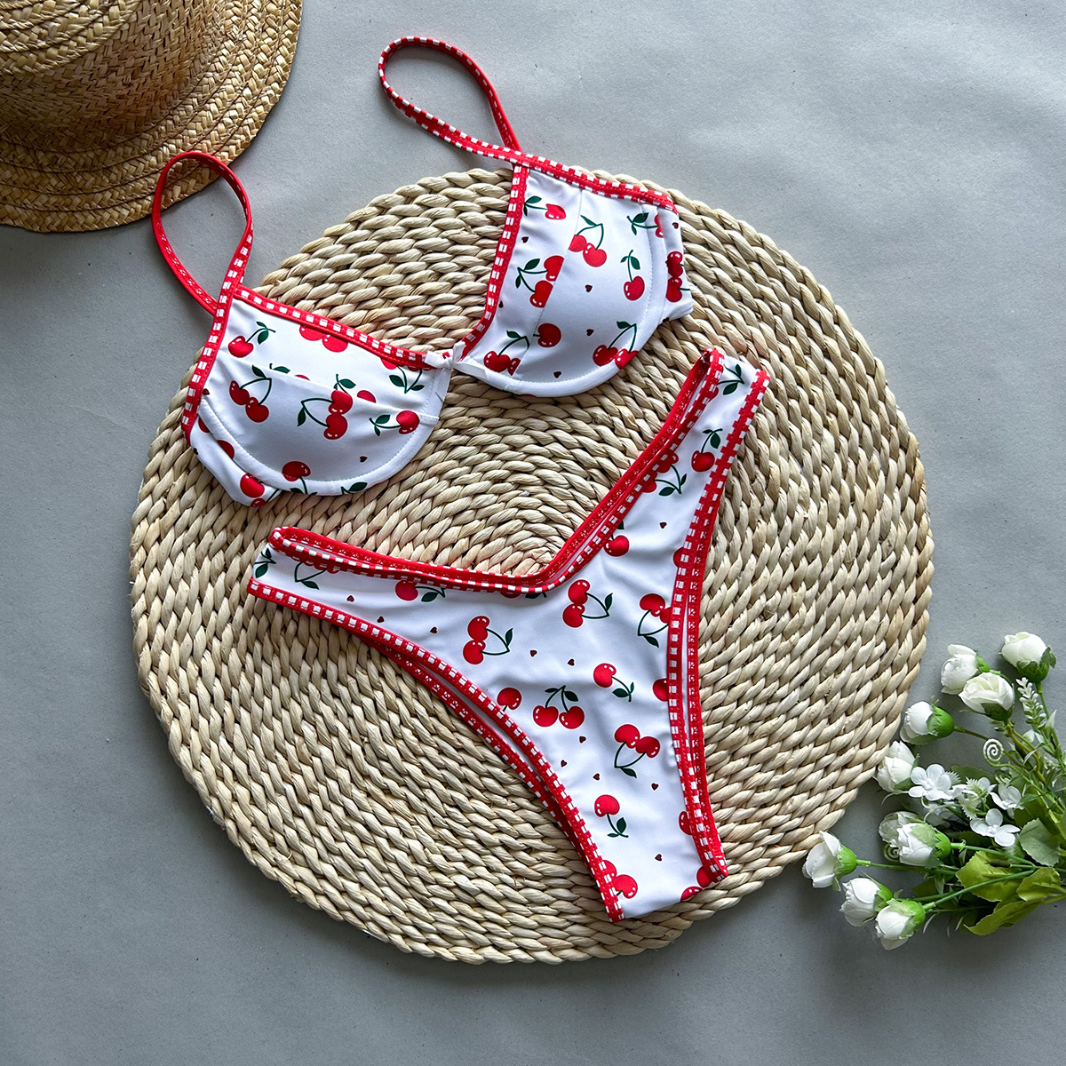 Comfort Function Cherry Pattern Women's Cherry 2 Pieces Set Bikinis Swimwear