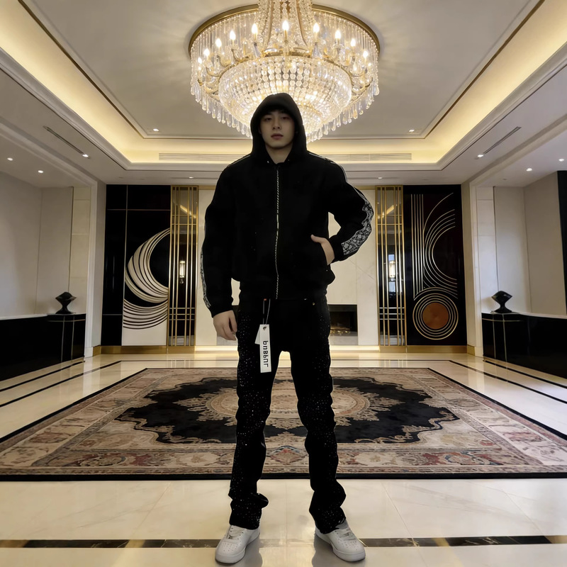 High Street Black Flared Jeans with Rhinestones, Foreign Trade P Brand New Elastic Pu Men's Jeans, New Temu Pants