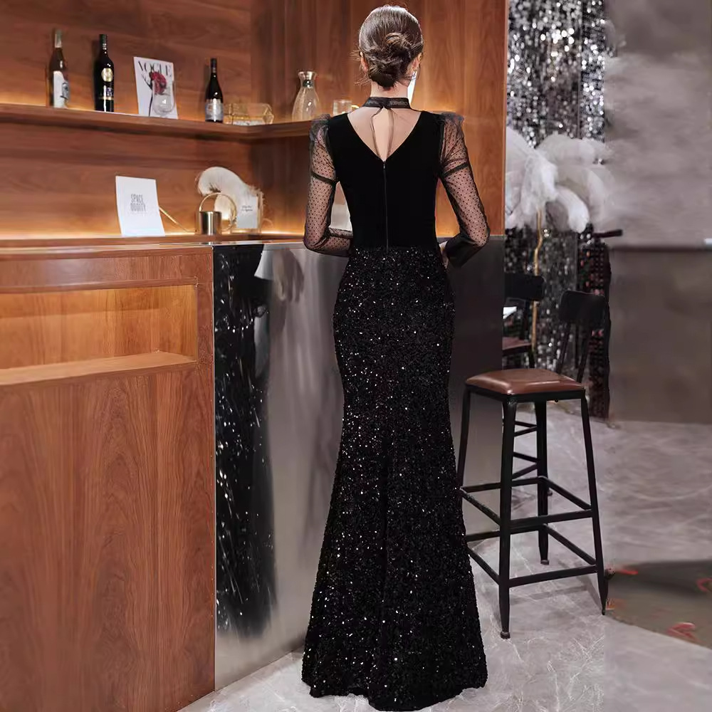 Nuevo Vestido de Noche Negro 2025 con Estilo Elegante, Ideal para Banquetes, Estilo Sirena, Vestido para Actuaciones Vocales, Manga Larga, Apto para Anfitrionas, con un Temperamento Refinado.