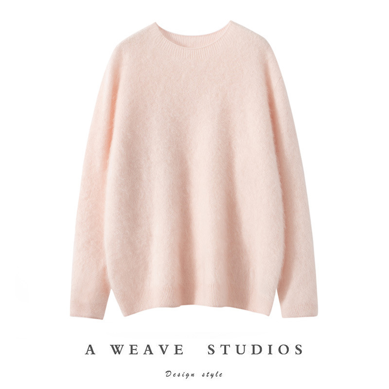 Seamless One-Piece Baby 100% Pure Cashmere Sweater Women's Brushed Round Neck Sweater Loose Knitted Brushed Bottoming Top