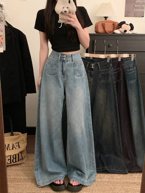 高腰双扣宽松阔腿牛仔裤女春季设计感大码垂感直筒显瘦拖地长裤子|undefined