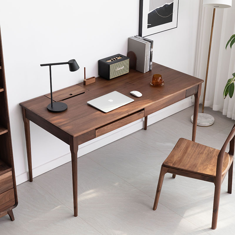 Escritorio de madera maciza nórdica, silla de libro, escritorio de madera de nuez negra de lujo ligero, escritorio de computadora simple