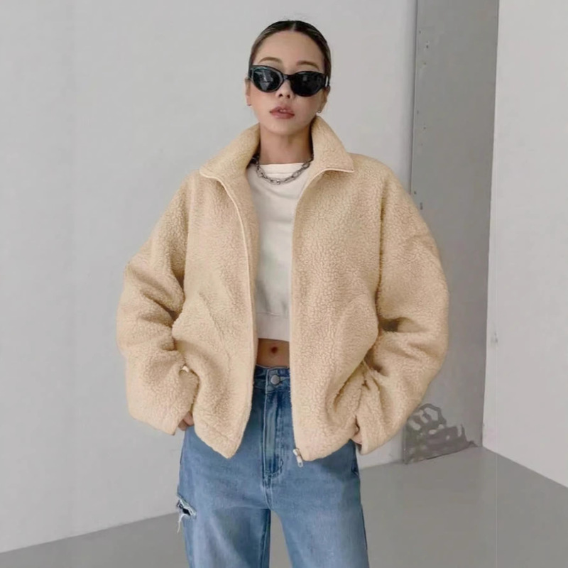 Autumn and Winter New European and American Style Lapel Jacket, Lambswool Coat with Zipper Design and Pockets, Fashionable Top Autumn and Winter New European and American Style Lapel Jacket, Lambswool Coat with Zipper Design and Pockets, Fashionable Top