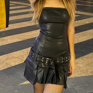 HK413��ɫĨ�� PU Ƥ�B��ȹŮ ����ϵ������Ƥȹ �����L�@�ݶ̿�