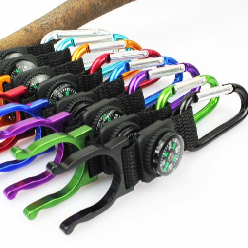 Botella de agua hebilla de agua mineral hebilla rápida colgando con brújula botella de agua hebilla mosquetón colgando hebilla equipo color completo