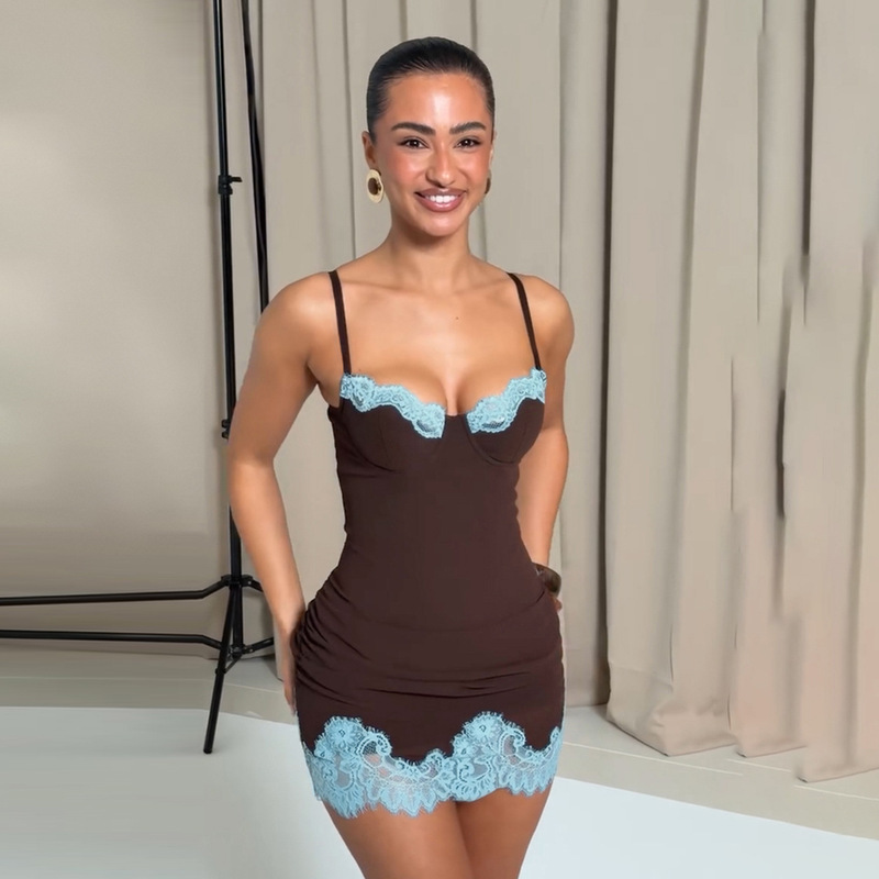 European and American style sexy bodycon dress with low-cut lace splicing, contrasting colors, slim fit, hot girl street style, thin strap mini dress for women European and American style sexy bodycon dress with low-cut lace splicing, contrasting colors, slim fit, hot girl street style, thin strap mini dress for women