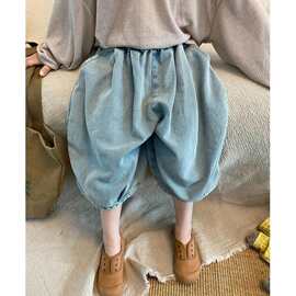 儿童裤子2025夏季女童复古牛仔韩版男宝宝百搭阔腿七分灯笼裤休闲