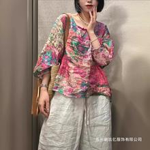 2024夏季新款圆领印花宽松套头印花苎麻衬衫 短款韩版短袖上衣