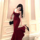 High-End New Step-By-Step Lotus Fishtail Skirt Red Knitted Suspender Dress Women's Evening Dress