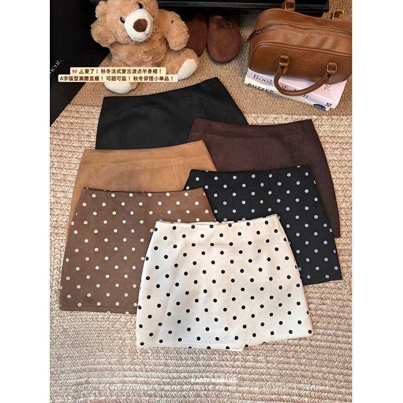 Apricot-colored polka dot suede high-waisted slimming A-line short skirt with built-in shorts, sexy bodycon skirt