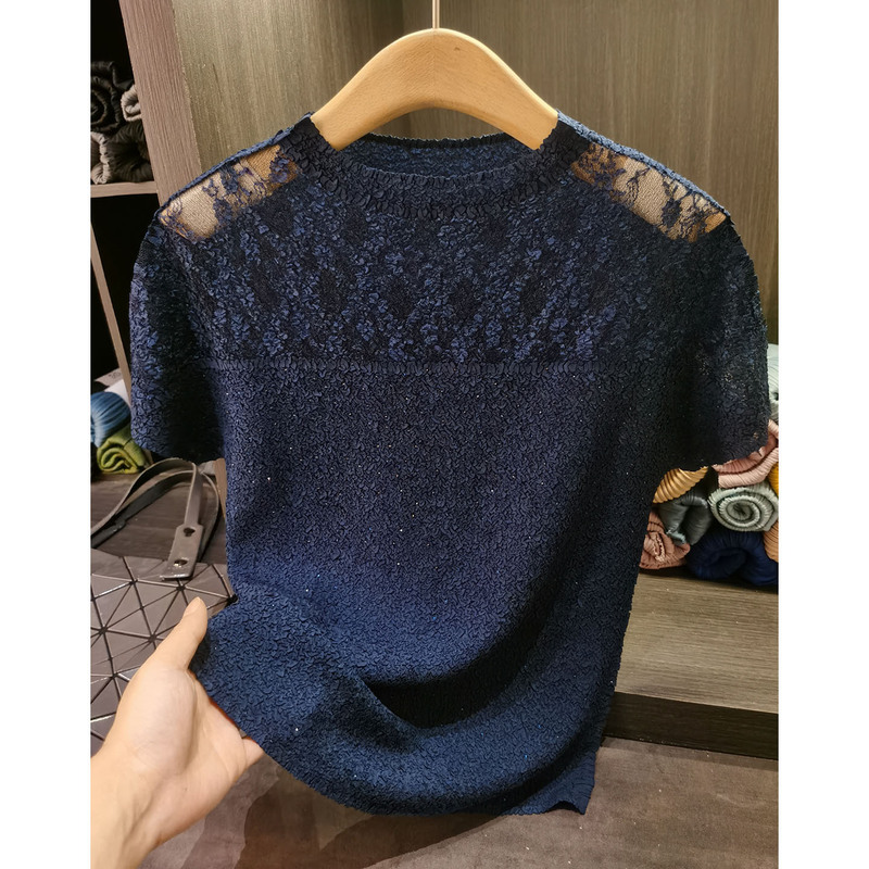 Lace Design Stitching Crewneck T-shirt Women's Summer New Fashion Solid Color Pleated Short Sleeve Loose All-match Top