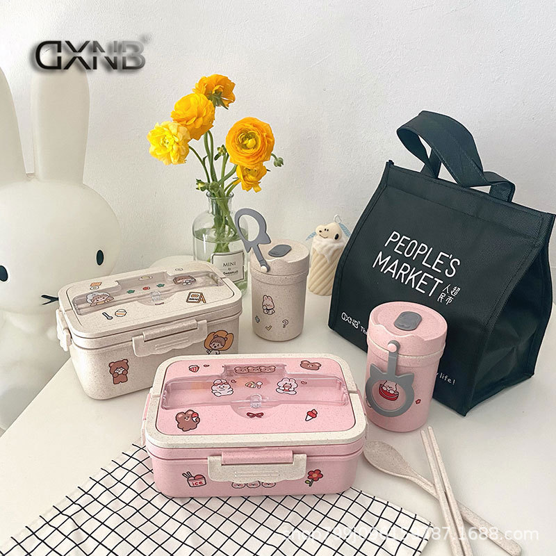 DIY cartoon wheat straw lunch box student ins girl lunch box cute insulated office worker compartment lunch box