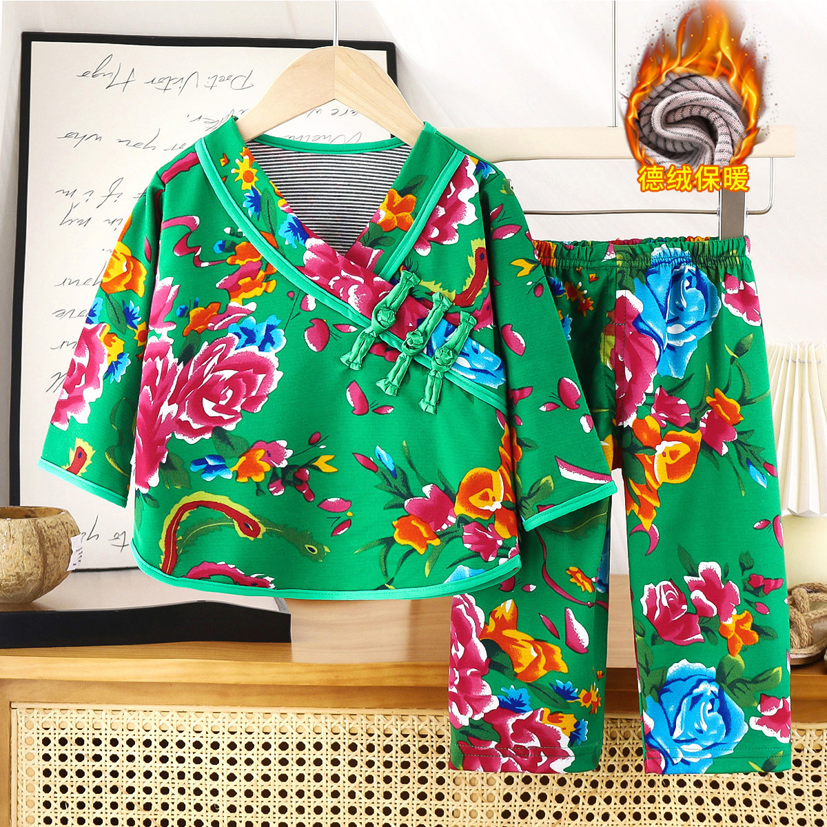 Warm set - cheongsam collar green peony