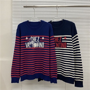 High-Quality Trendy Brand Vt Warren Chest Logo Chez Jacquard Long-Sleeved Stripesd Shirt Men's and Women's Round Neck Sweater Cross-Border