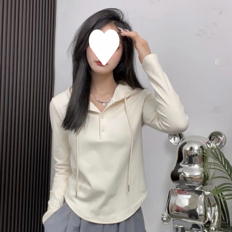 De velvet solid color hooded T-shirt women's autumn and winter inner wear new design sense niche slim slimming sweater long sleeve top