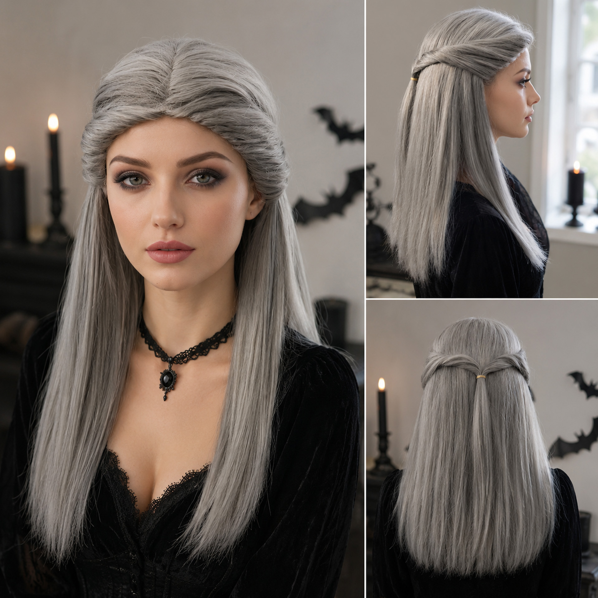Cosplay Halloween silver-gray long straight hair wig, elf witch cosplay half-braided updo stage costume wig