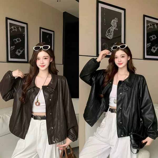 2026 autumn collection: new plus-size women's American retro-style motorcycle jacket with a stand-up collar