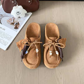 真皮软底不累脚孕妇鞋袋鼠大头一脚蹬厚底鞋春秋季新款牛皮女鞋