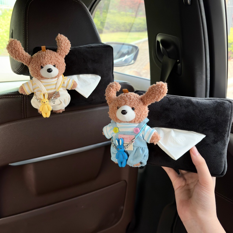 Creative car tissue box, car armrest tissue box, car interior decoration, hanging cute bear plush tissue bag