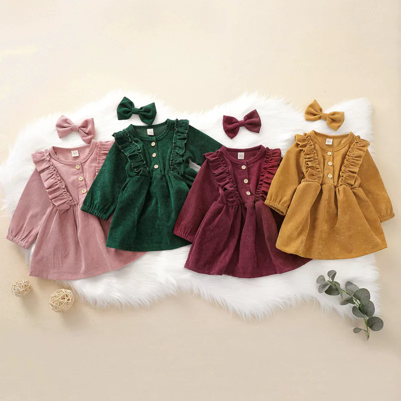 Милое вельветовое платье, заколка для волос с бантом, комплект