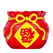 红色年宵花盆倒福袋陶瓷中国红花盆福字陶瓷中式花盆创意圆形花盆