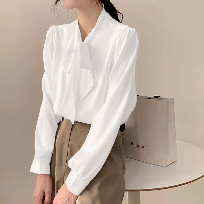 Autumn white long sleeve women's Korean style fashionable shirt Women's Spring and Autumn new top bow professional temperament shirt