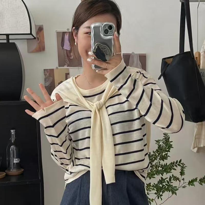 秋冬2025年上衣设计感打底衫韩系圆领条纹长袖t恤女加披肩两件套|undefined