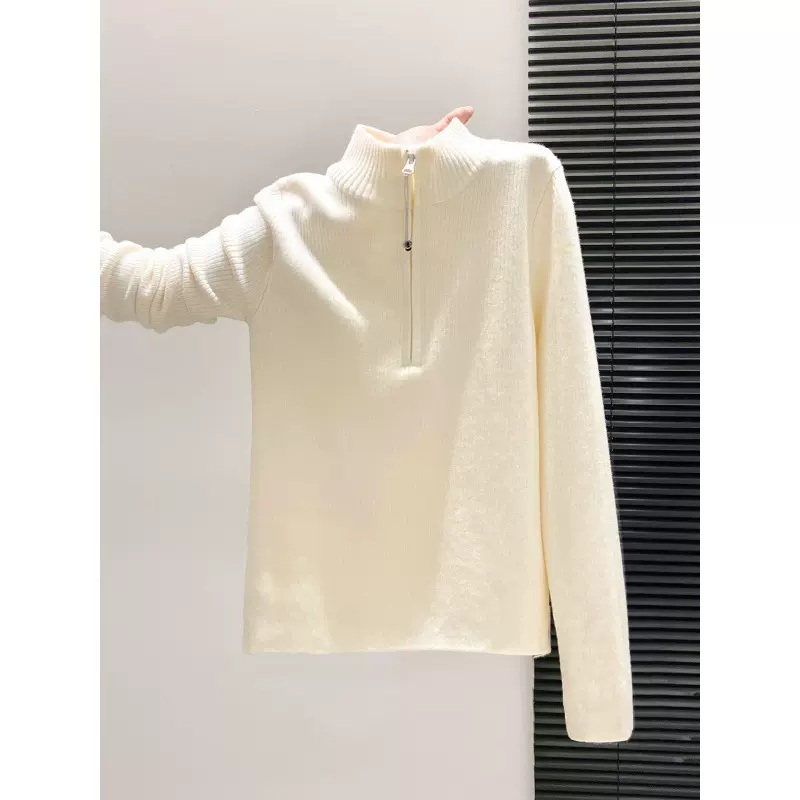 简约半高领拉链一体绒针织毛衣女冬季新款加绒加厚修身打底衫上衣