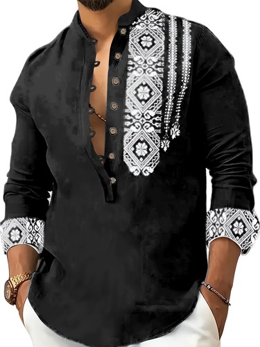 Men's Ethnic Style Geometric Print Stand Collar Long Sleeve
