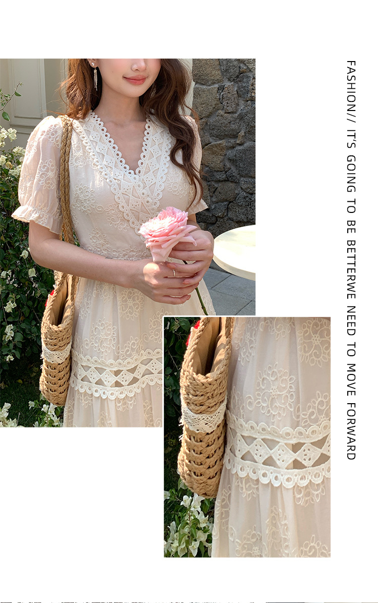 Đầm maxi nữ tay bồng ren hoa V cut-out phong cách Pháp cung đình — xanh lam, màu hồng, màu mơ chi tiết 8