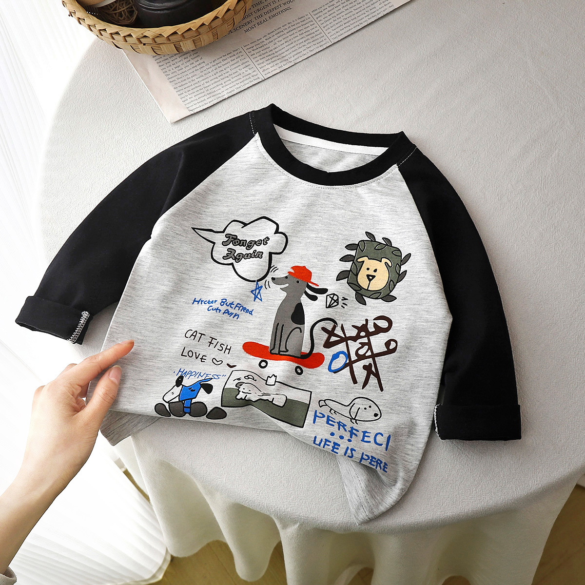 儿童纯棉长袖T恤春秋洋气外穿拼接上衣中小童宝宝卡通百搭打底衫