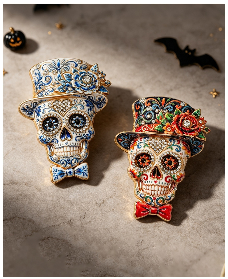 Original Mexican Day of the Dead skull brooch, top hat, rose, diamond-encrusted enamel, gothic style, unisex coat decoration pin
